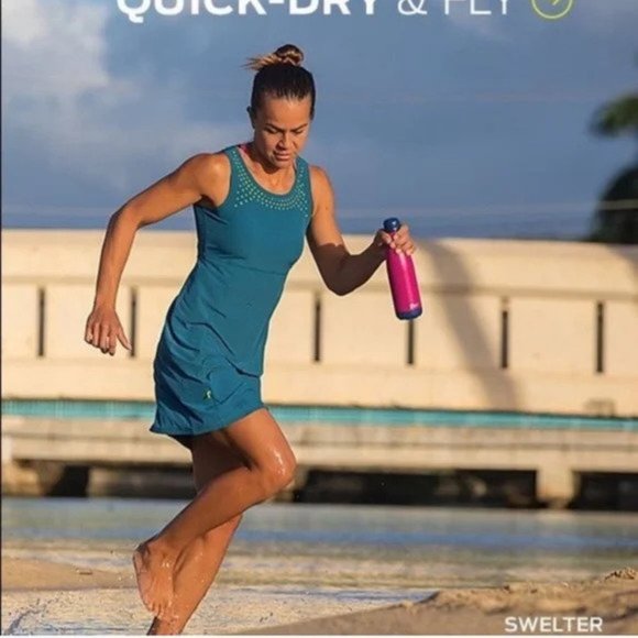 Title Nine Nimblene Laser Cut  Teal Lime Green ZIpper Pocket Dress - Picture 1 of 8